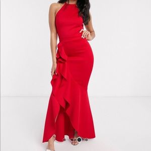 Red show stopper dress with ruffles and slit